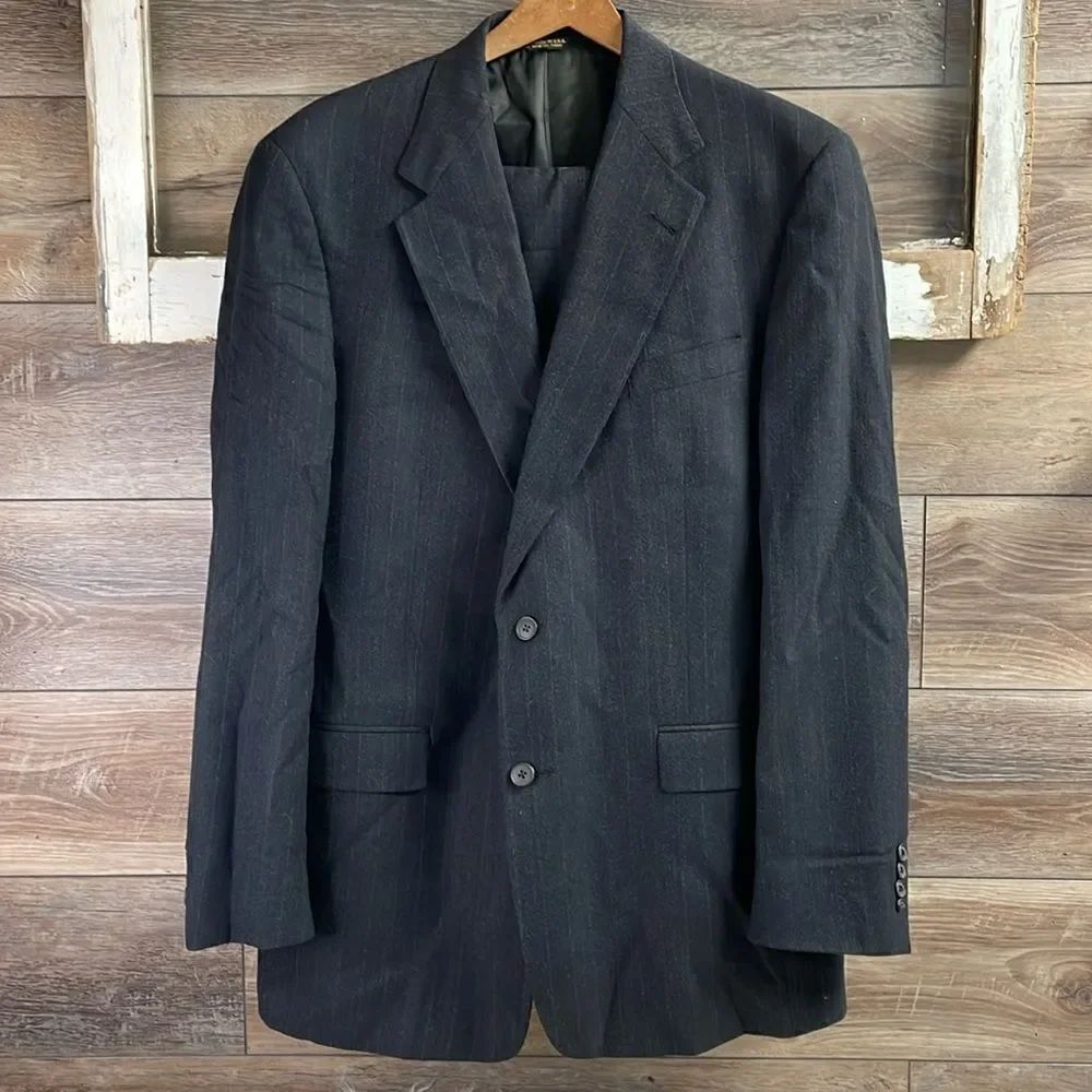 Austin Reed Suit, Black with Pinstripes, Imported Fabric, Made in USA